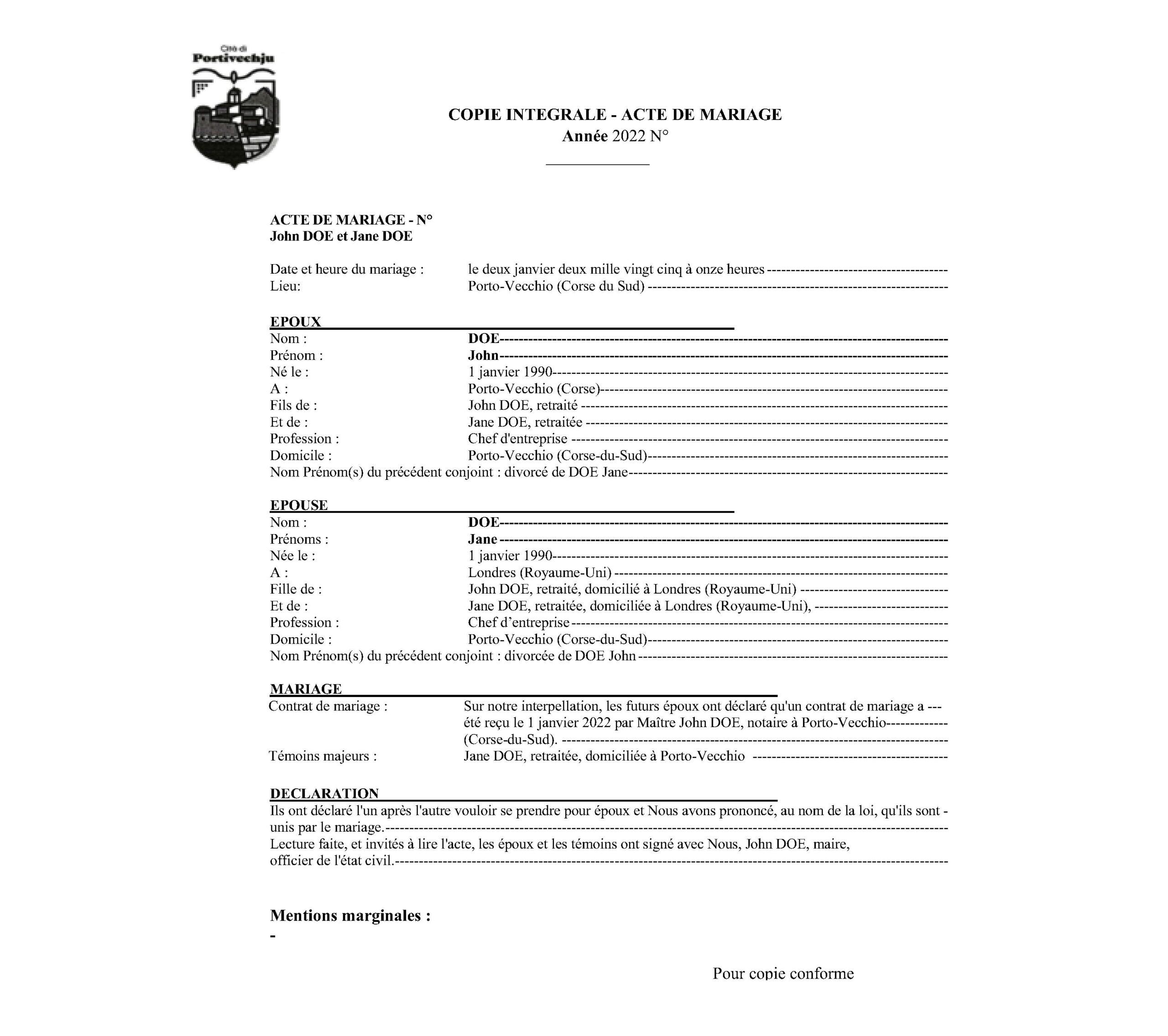 Traduction Certifiée > Acte de Mariage FRA/GBR/IRL/AUS