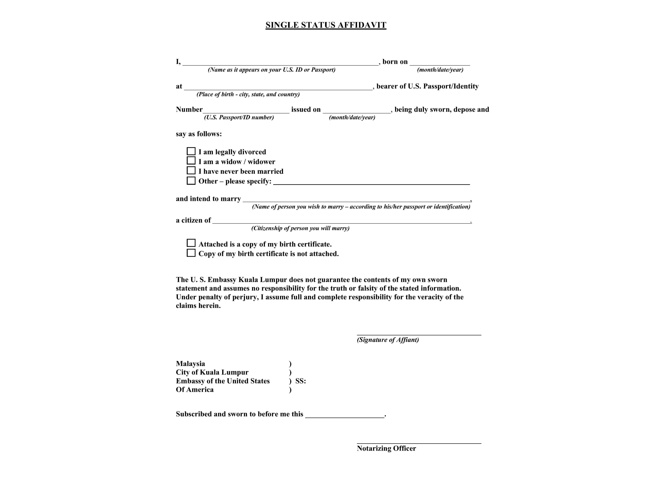 Certificate of no impediment/single status certificate